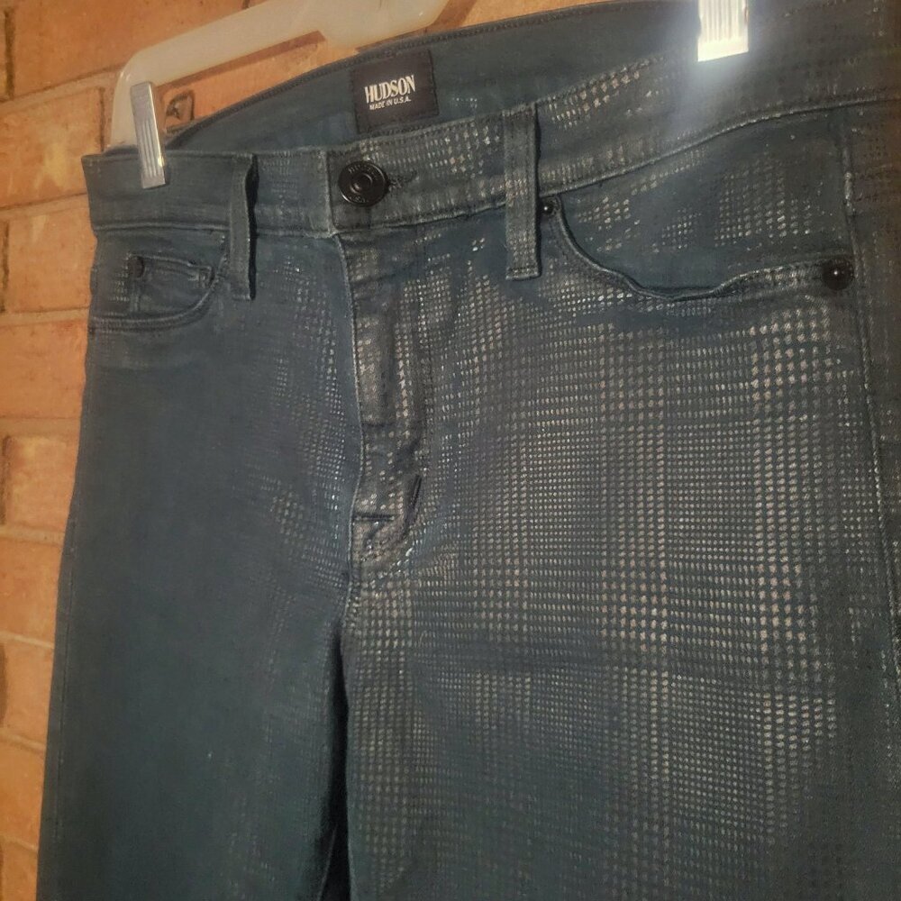 Hudson Women's Dark Green Plaid Scoring w/Sheen Skinny Jean - Size 28 - Picture 2 of 11